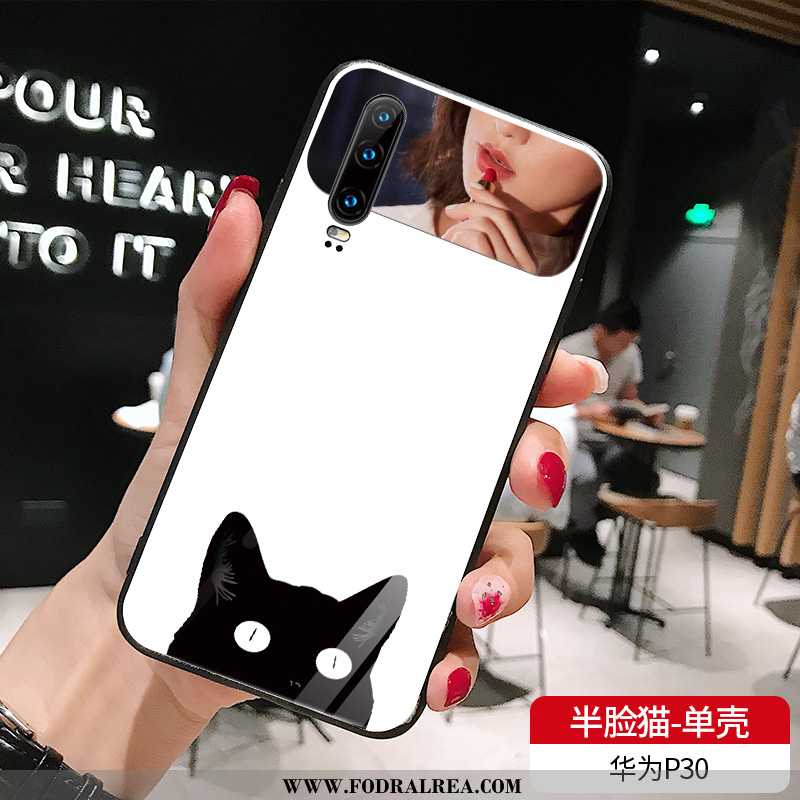 Fodral Huawei P30 Glas Enkel Röd, Skal Huawei P30 Trend Katt Vita