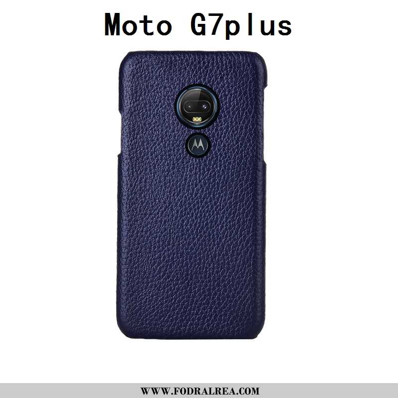 Fodral Moto G7 Plus Äkta Läder Cow Mobil Telefon, Skal Moto G7 Plus Läder Lyxiga Mörkblå