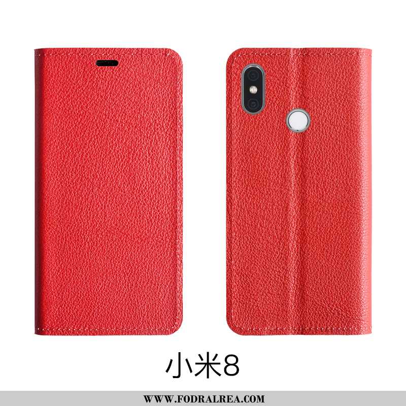 Fodral Xiaomi Mi 8 Läderfodral Röd Läder, Skal Xiaomi Mi 8 Äkta Läder Liten Rosa