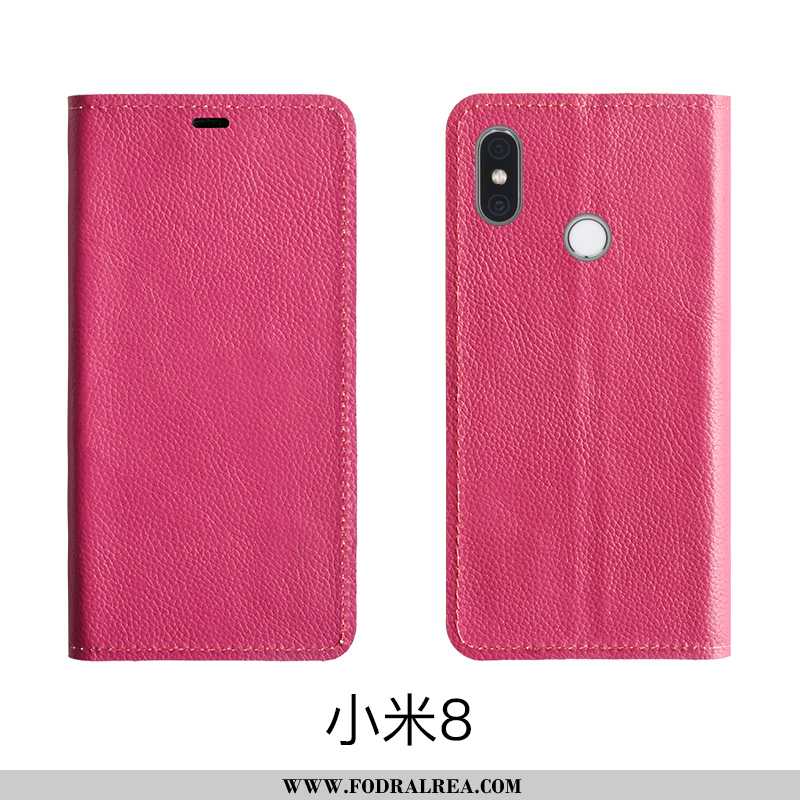 Fodral Xiaomi Mi 8 Läderfodral Röd Läder, Skal Xiaomi Mi 8 Äkta Läder Liten Rosa