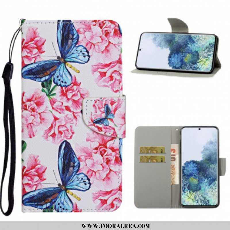 Folio-fodral Samsung Galaxy S21 Ultra 5G Butterflies Floral Lanyard