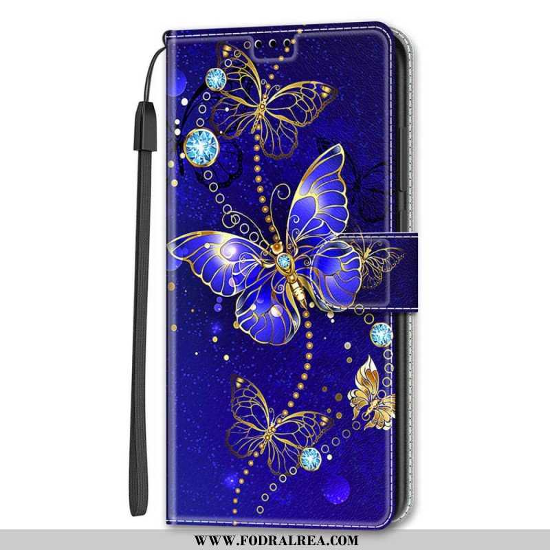 Folio-fodral Samsung Galaxy S22 Ultra 5G Med Kedjar Strap Butterflies Fan