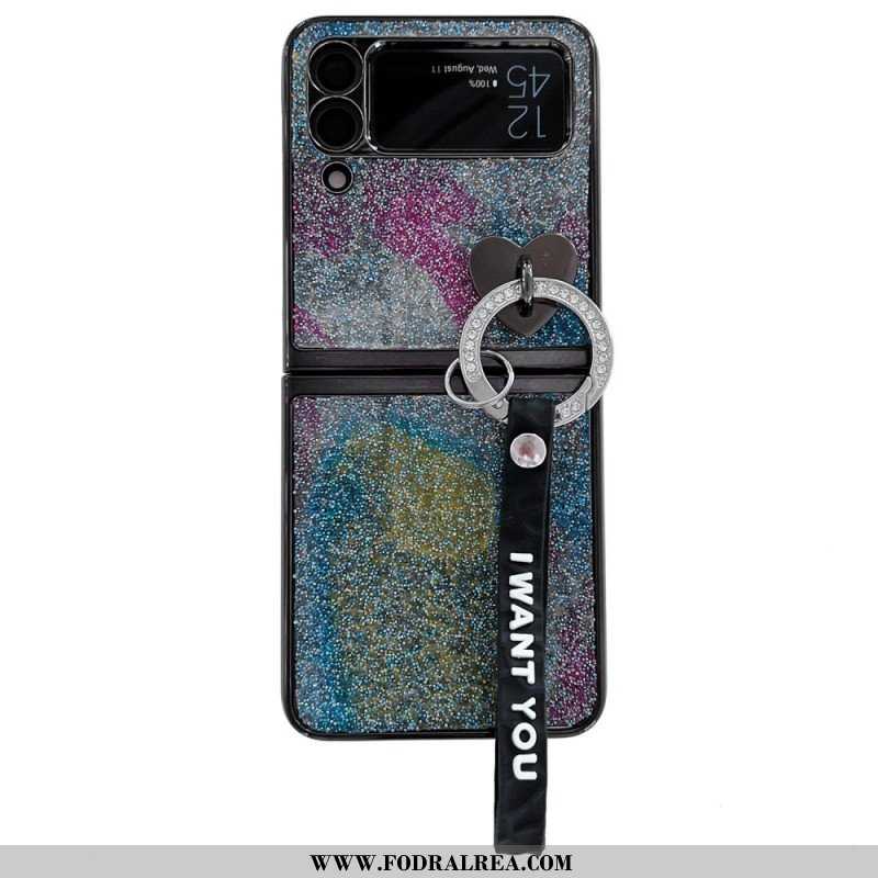 Folio-fodral Skal Samsung Galaxy Z Flip 3 5G Läderfodral Paljetter Charms Och Lanyard