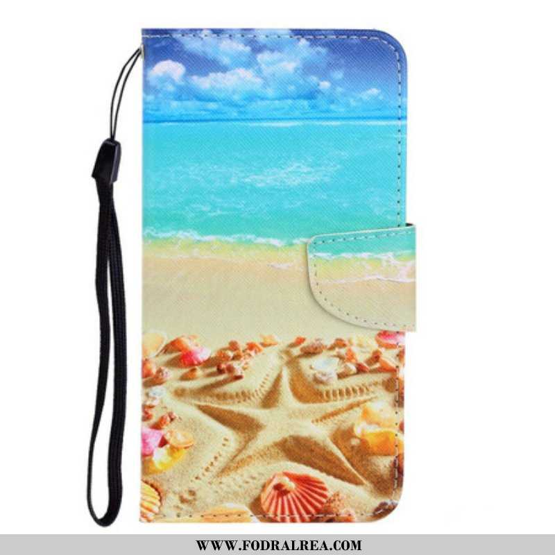 Folio-fodral iPhone 13 Pro Med Kedjar Lanyard Beach