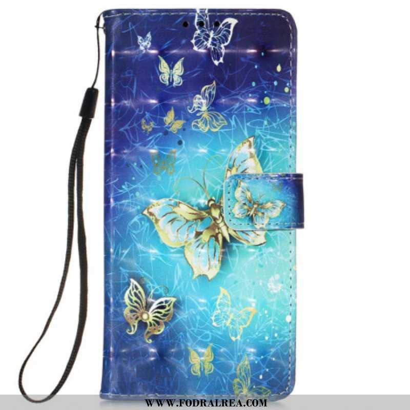 Läderfodral Samsung Galaxy S22 Ultra 5G Golden Butterflies Lanyard