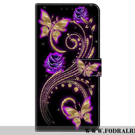 Fodral För Samsung Galaxy A15 Violettblommor Och Fjärilar