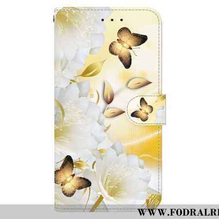 Fodral För Samsung Galaxy S24 5g Gyllene Fjäril Och Blommor Med Rem