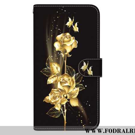 Fodral För Samsung Galaxy S24 Plus 5g Guld Och Rosa Fjärilar Med Rem