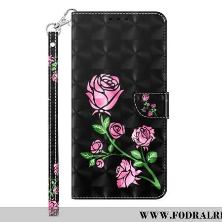 Fodral Samsung Galaxy A55 5g Rosa Blommor På Svart Bakgrund Med Rem