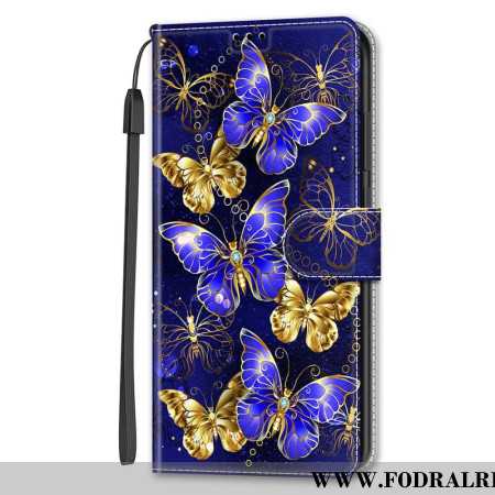 Läderfodral Samsung Galaxy S24 5g Telefonfodral Guld Och Blå Fjärilar Med Rem