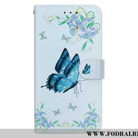 Läderskal Fodral Samsung Galaxy S24 5g Blå Fjäril Och Blommor