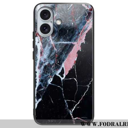 Skal För iPhone 16 Plus Svart Marmor Härdat Glas